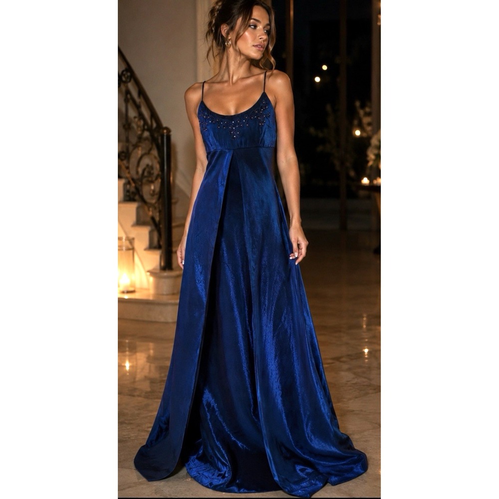 Vintage Nightway Satin Long Formal Dress Size M Beaded Lace Up Prom HOCO Evening